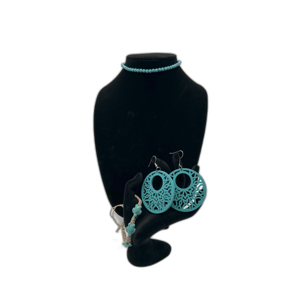 3-Piece Turquoise Jewelry Set - Beaded Choker, Earrings, and Bracelet